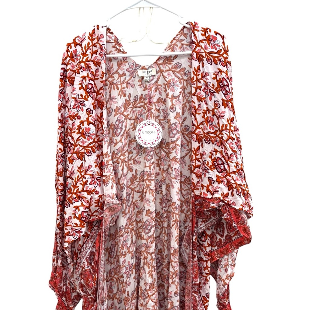 Umgee Red and White Floral Kimono Beachy Bohemian Boho Pink Cover up